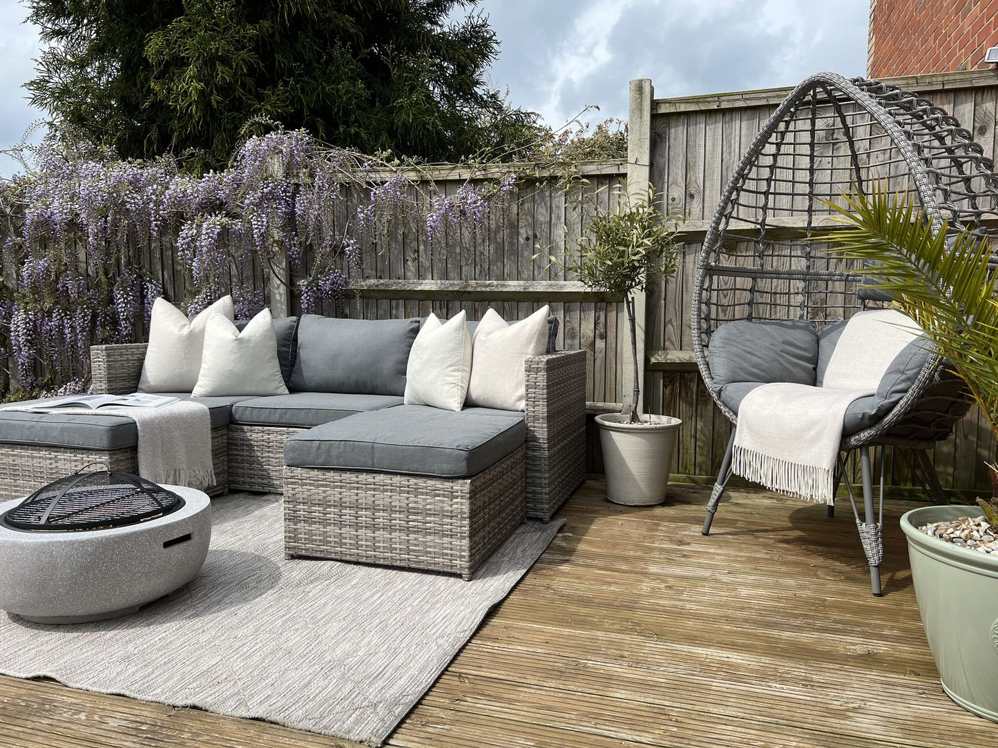 Garden Corner Sofa with Table 5 Seater Left Hand Modular Rattan Light Grey