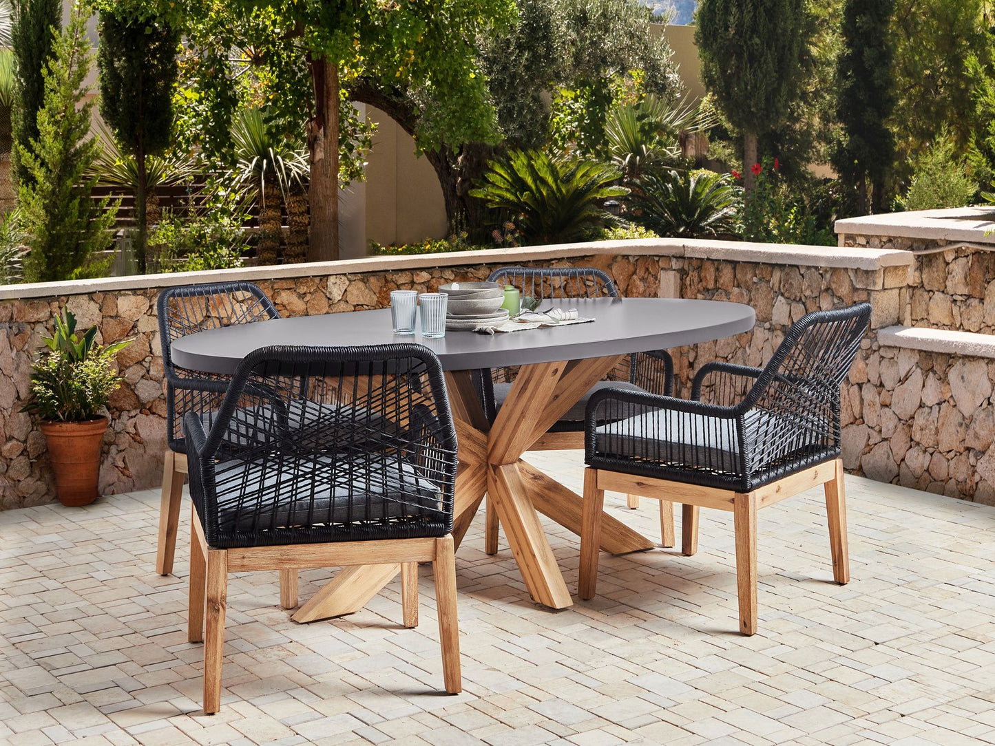 Garden Dining Set 4 Seater ORISTANO with Cushions Concrete Black