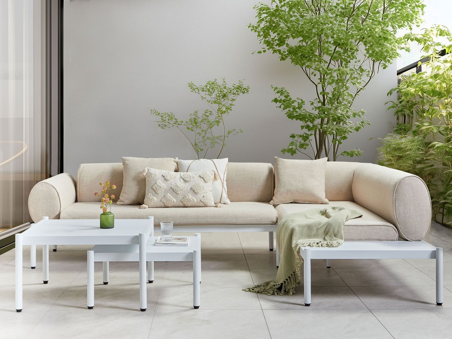 Garden Corner Sofa with Table 5 Seater RASIGLIA Left Hand Metal Beige