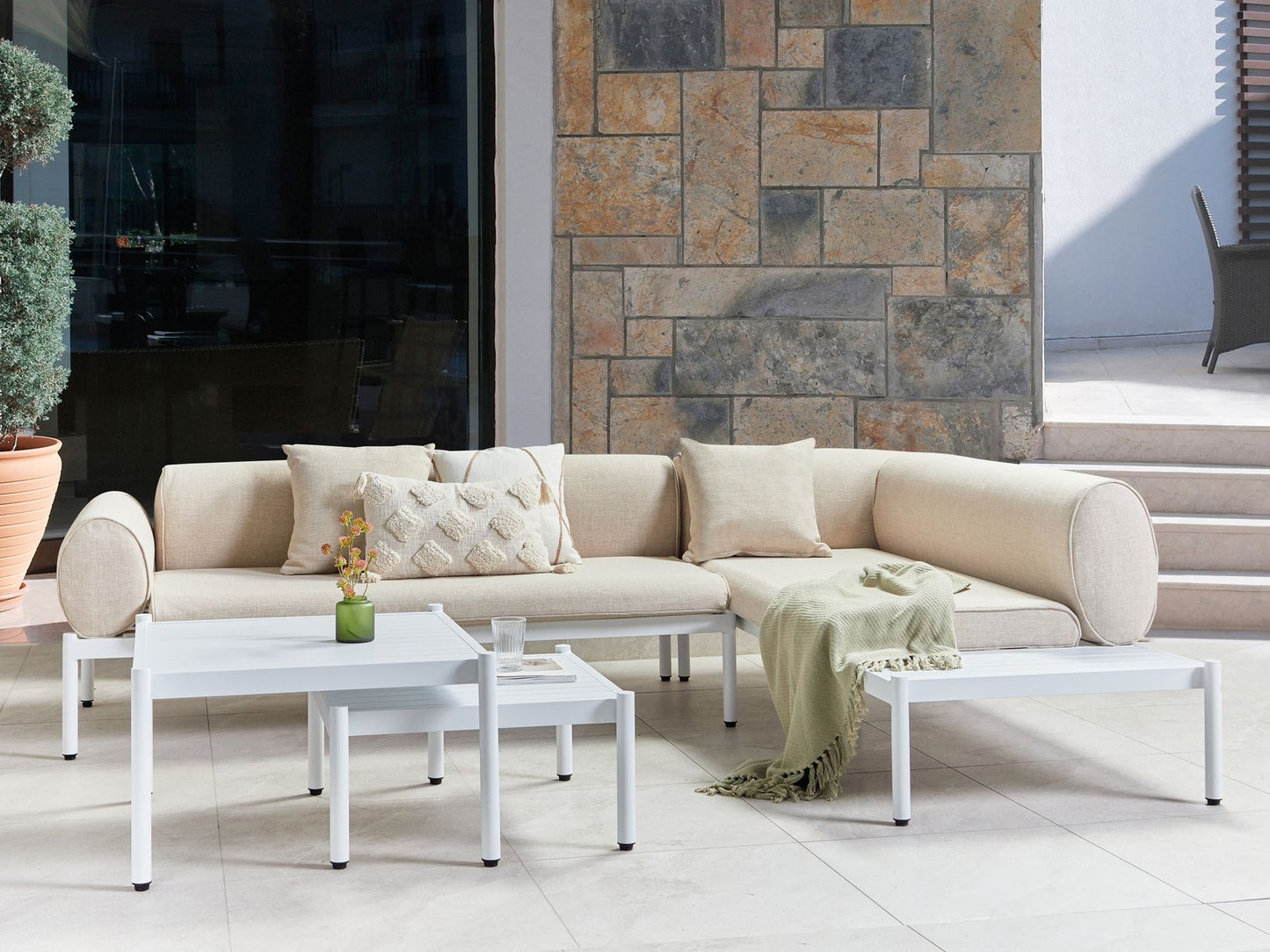 Garden Corner Sofa with Table 5 Seater RASIGLIA Left Hand Metal Beige