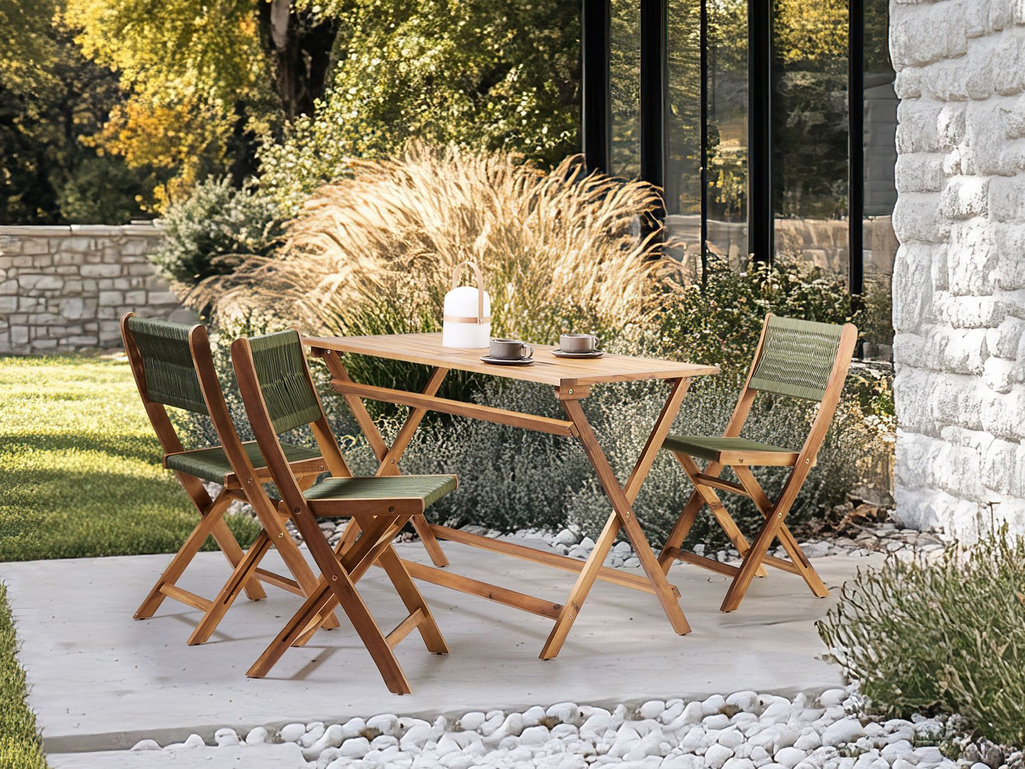 Garden Dining Set 4 Seater PROSSEDI Acacia Wood Green