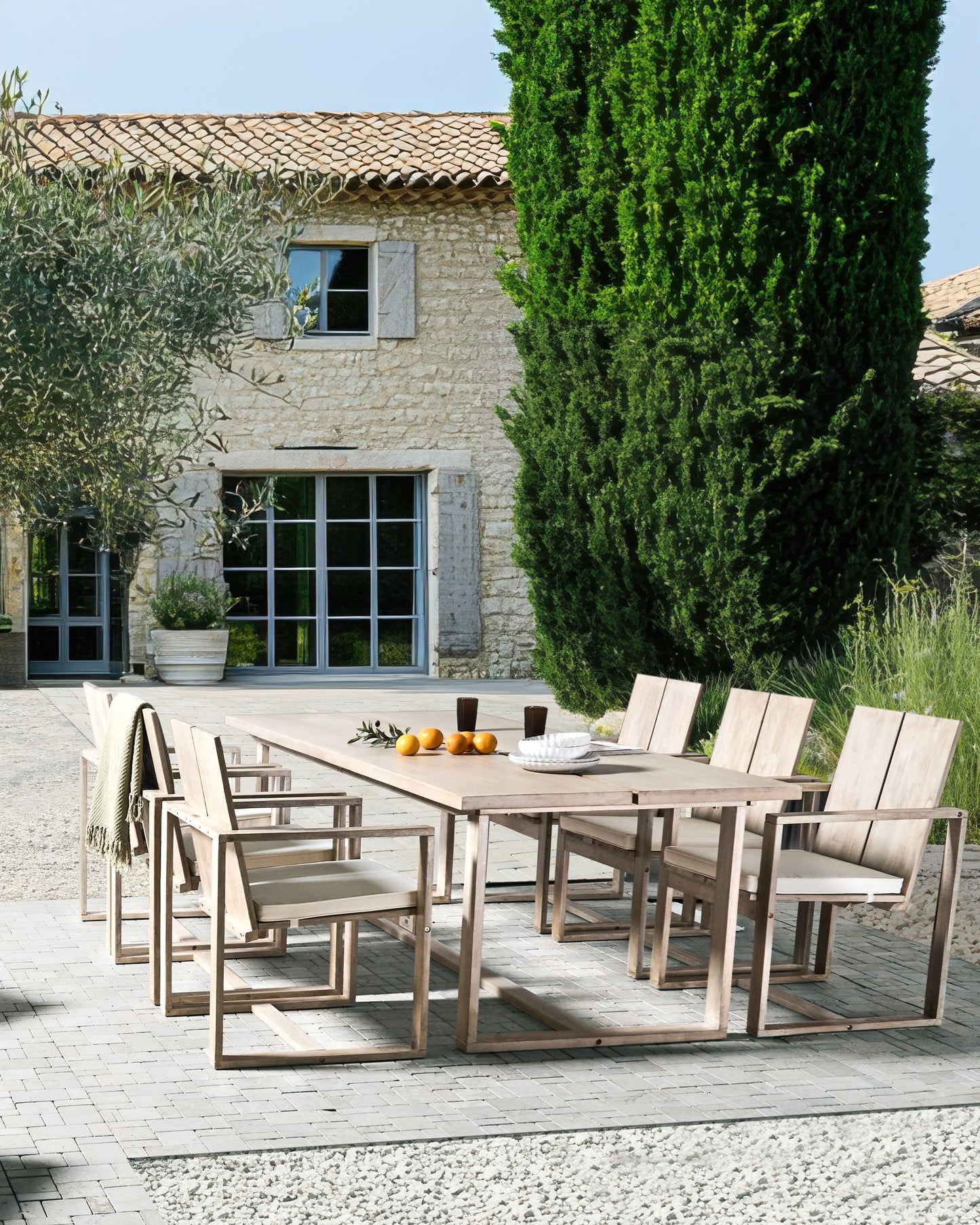 Set of 6 Garden Chairs with Cushions AZZANELLO Acacia Wood Off-White