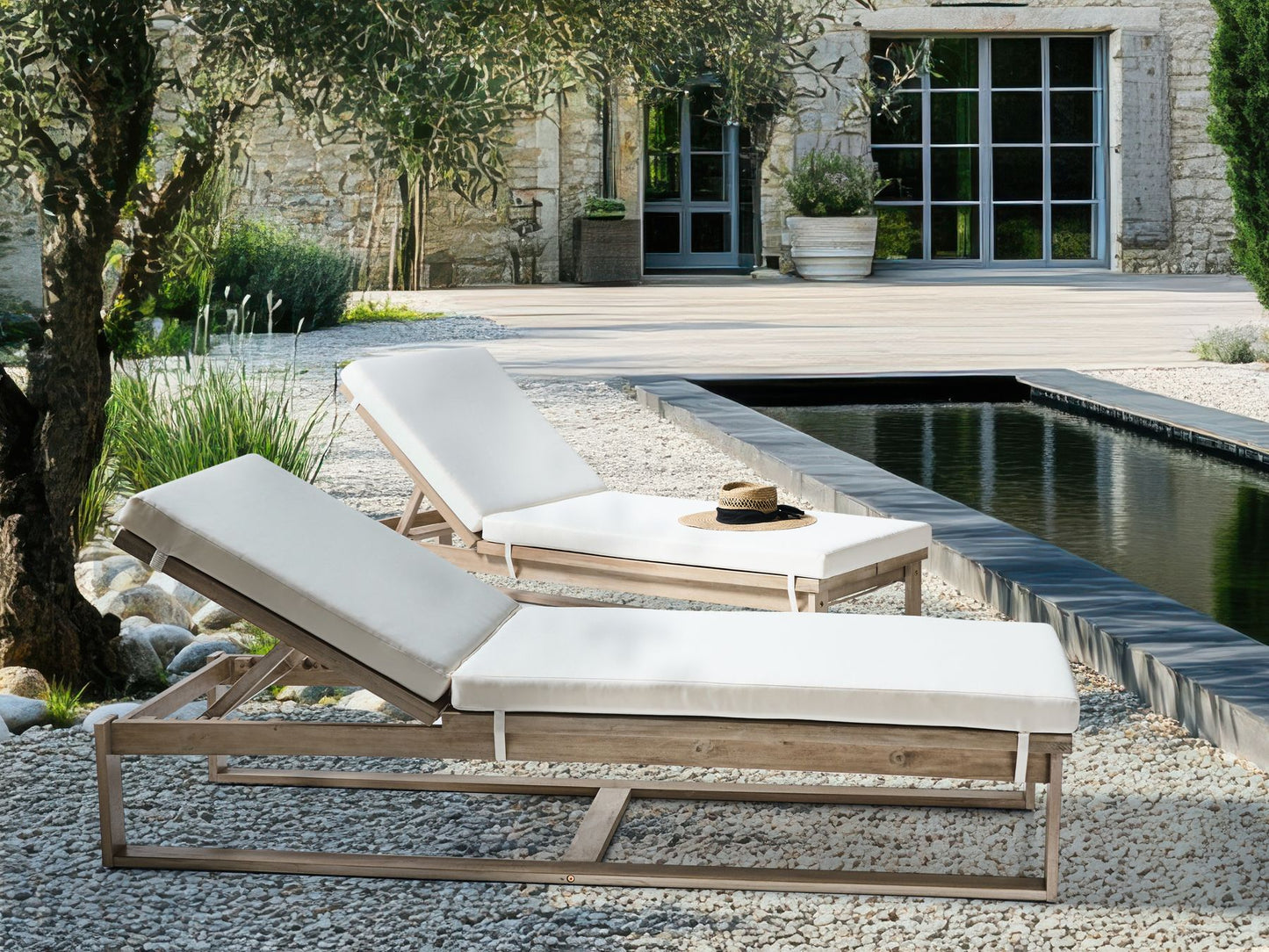 Acacia Wood Reclining Sun Lounger with Off-White Cushion AZZANELLO