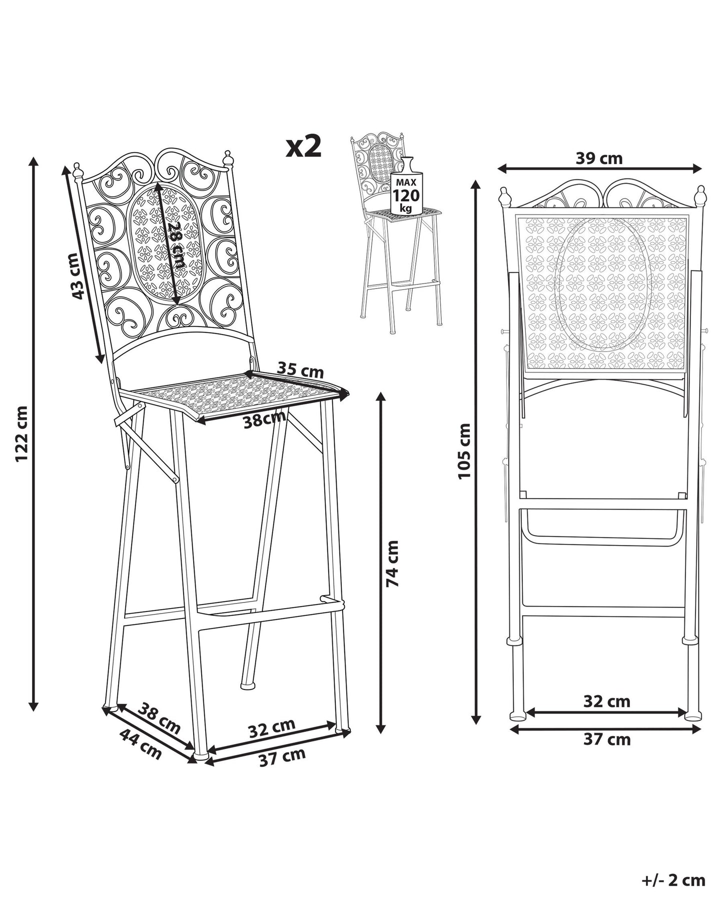 Set of 2 Garden Bar Chairs BORMIO Folding Metal Black