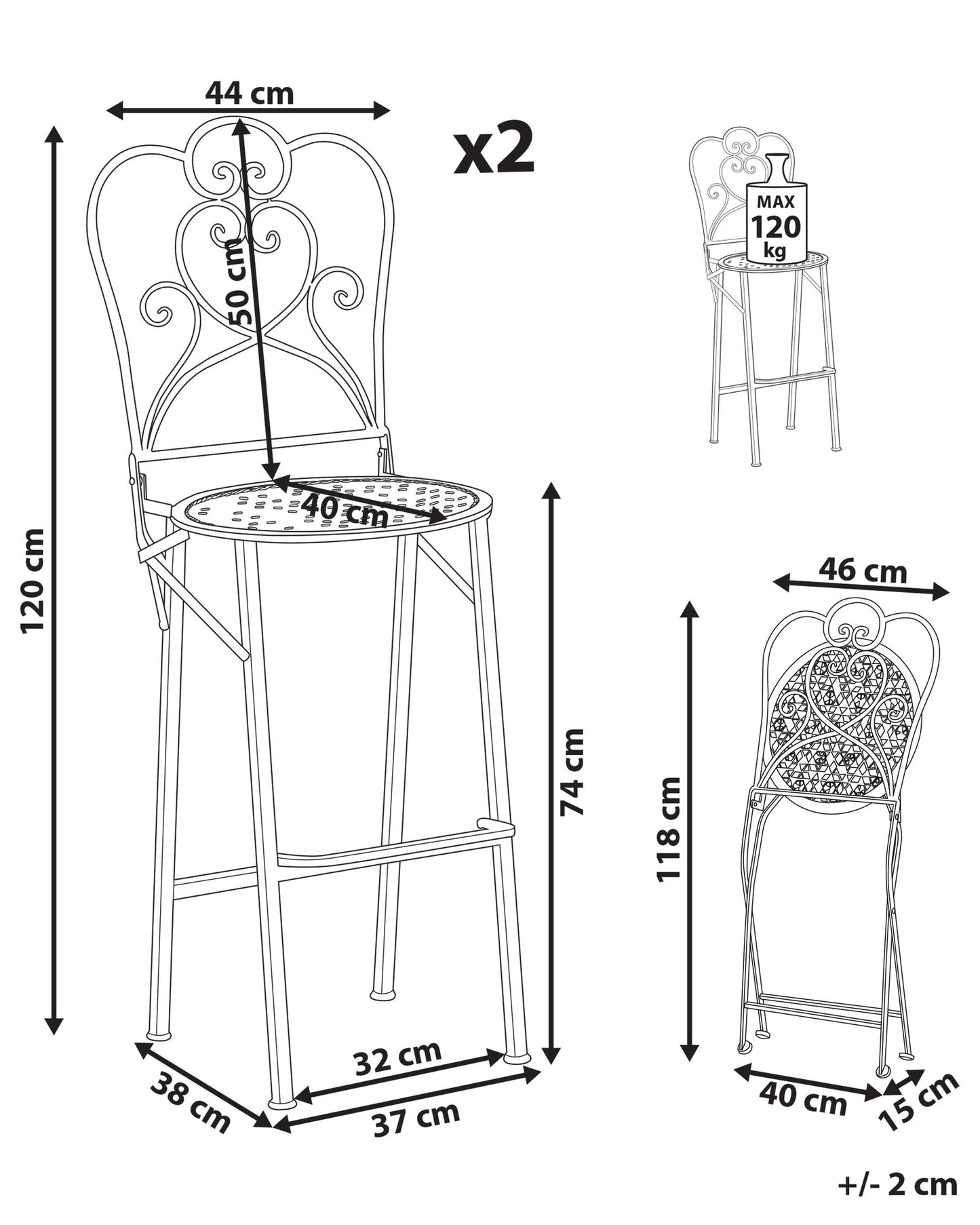 Set of 2 Garden Bar Chairs TRIESTE Folding Metal Light Beige