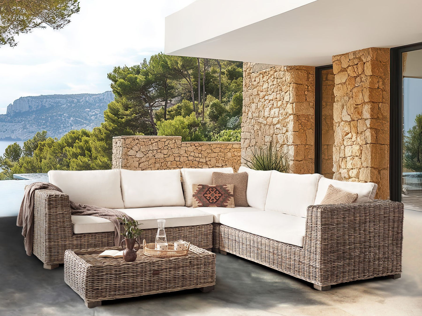 Garden Corner Sofa with Ottoman 5 Seater RINELLA Rattan Grey