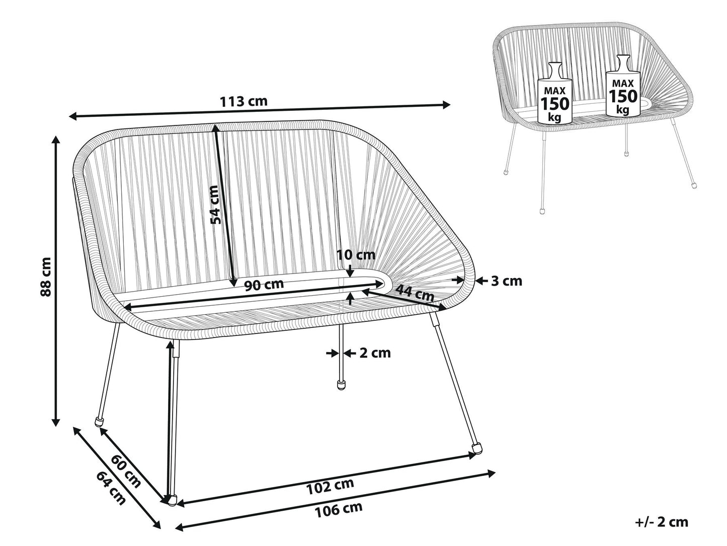 Garden Bench ACAPULCO II 113 cm PE Rattan Black