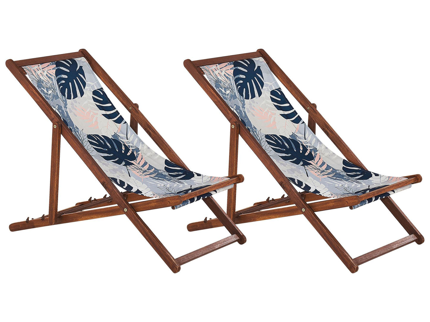 Set of 2 Acacia Folding Deck Chairs and 2 Replacement Fabrics Dark Wood with Off-White / Blue Palm Leaves Pattern ANZIO