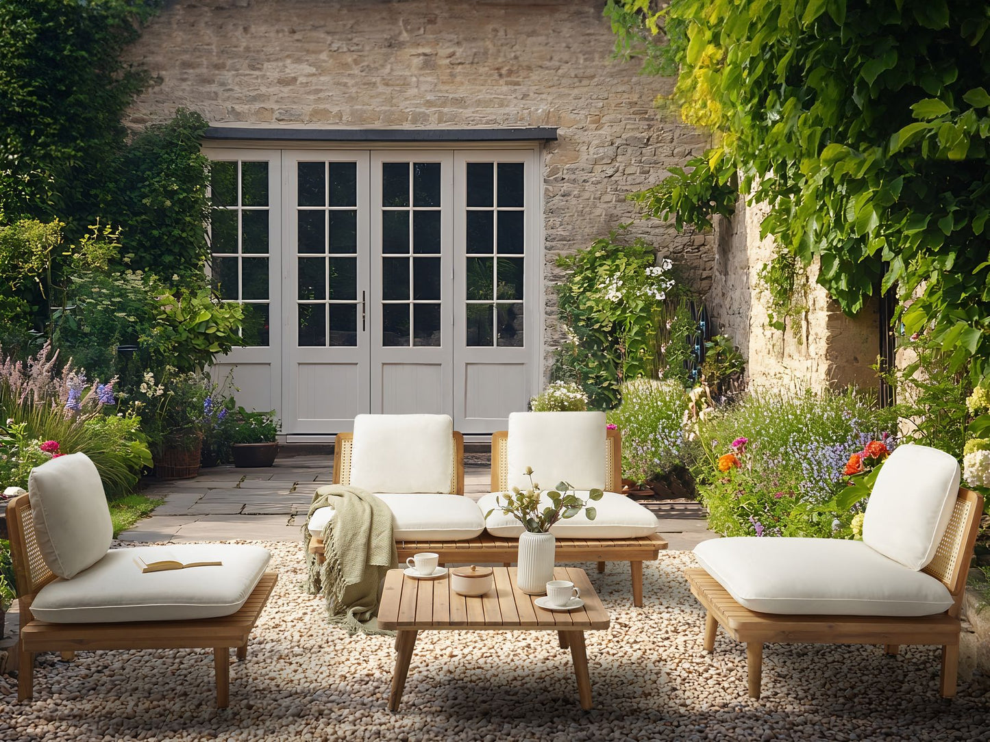 Garden Lounge Set with Table 4 Seater ACCADIA Certified Acacia Wood Light Beige
