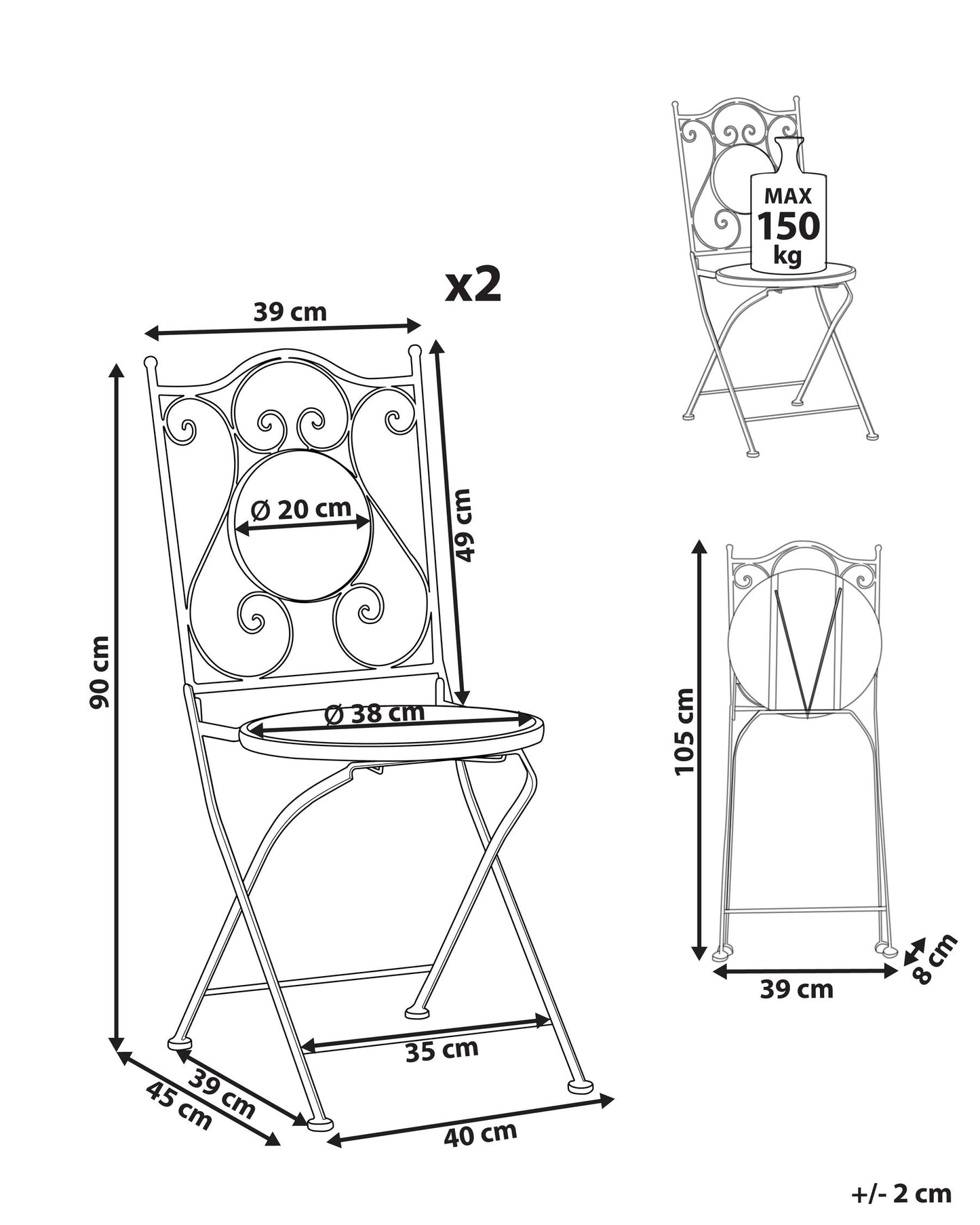 Set of 2 Garden Chairs COMISO Folding Metal Black/ White