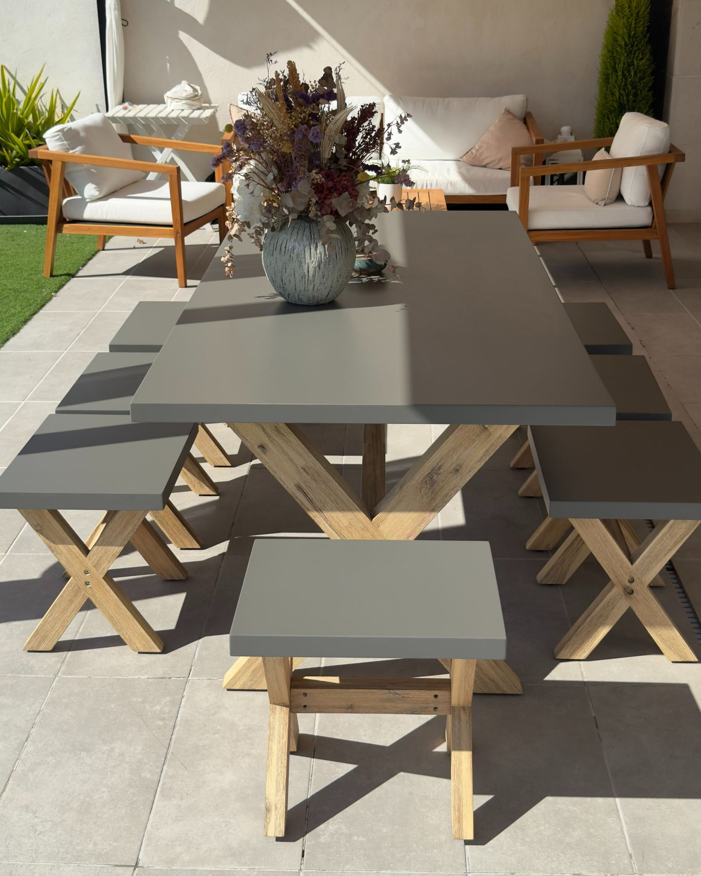 Garden Dining Set with Benches 6 Seater OLBIA Concrete Grey