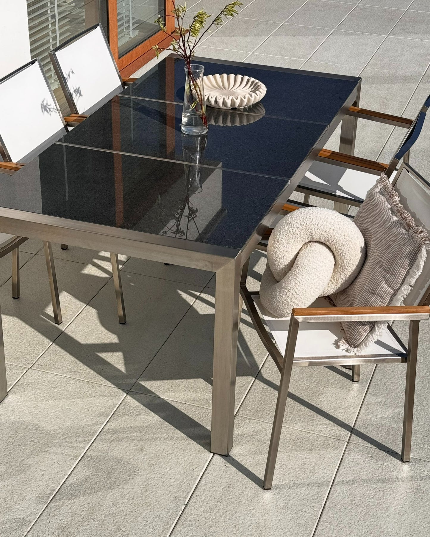 Garden Dining Set 6 Seater GROSSETO Triple Plate Granite Polished Grey/ White