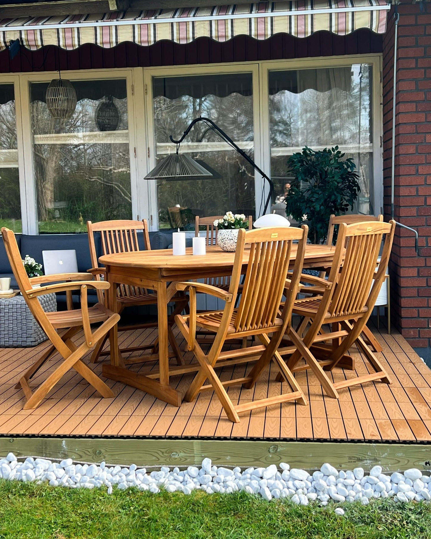 Garden Dining Set 6 Seater MAUI II with Parasol (12 Options) Acacia Wood Light Brown