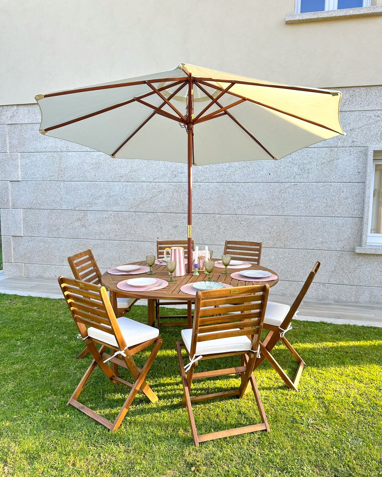 Garden Dining Set 6 Seater TOLVE with Parasol (12 Options) Acacia Wood Brown