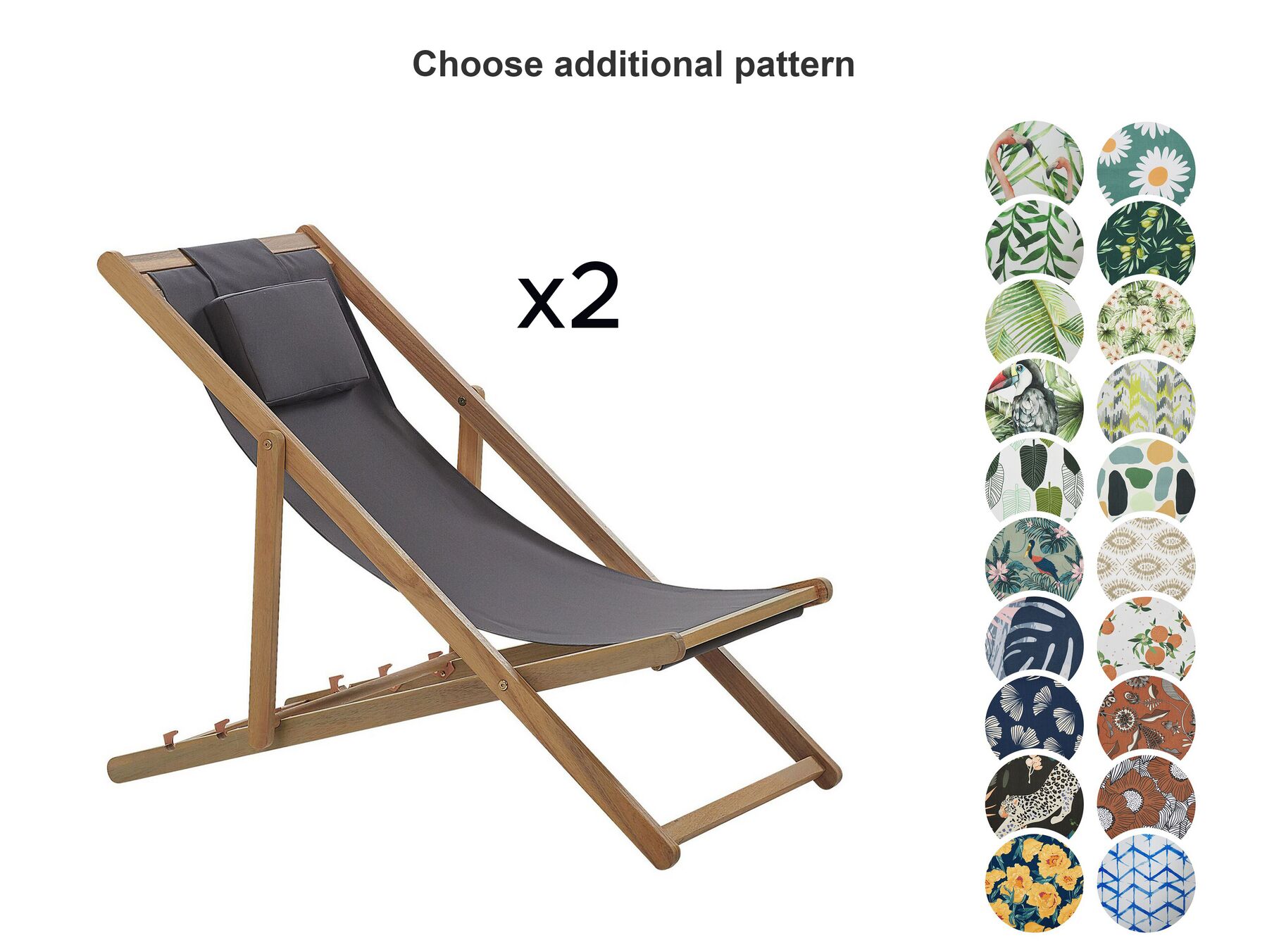 Set of 2 Folding Deck Chairs and 2 Replacement Fabrics (Various Options) Light Wood AVELLINO