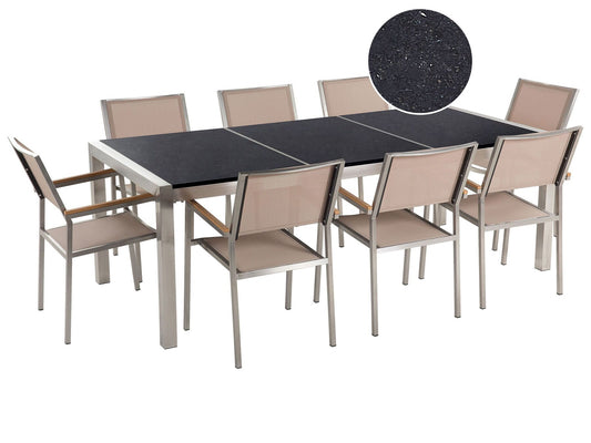 Garden Dining Set 8 Seater GROSSETO Triple Plate Granite Polished Black/ Beige