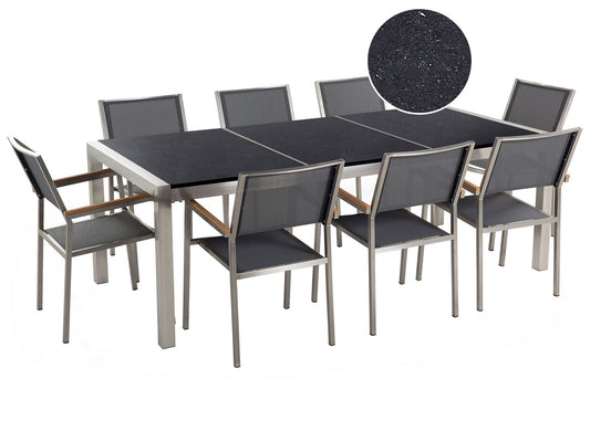 8 Seater Garden Dining Set Black Granite Triple Plate Top and Grey Chairs GROSSETO