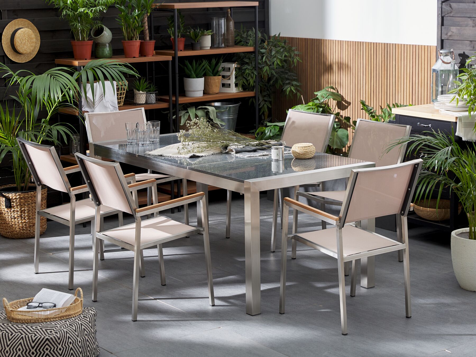 Garden Dining Set 6 Seater GROSSETO Triple Plate Granite Polished Grey/ Beige