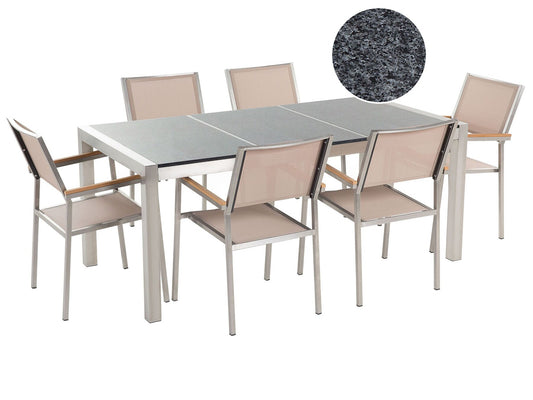 Garden Dining Set 6 Seater GROSSETO Triple Plate Granite Polished Grey/ Beige