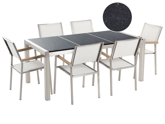Garden Dining Set 6 Seater GROSSETO Triple Plate Granite Polished Black/ White