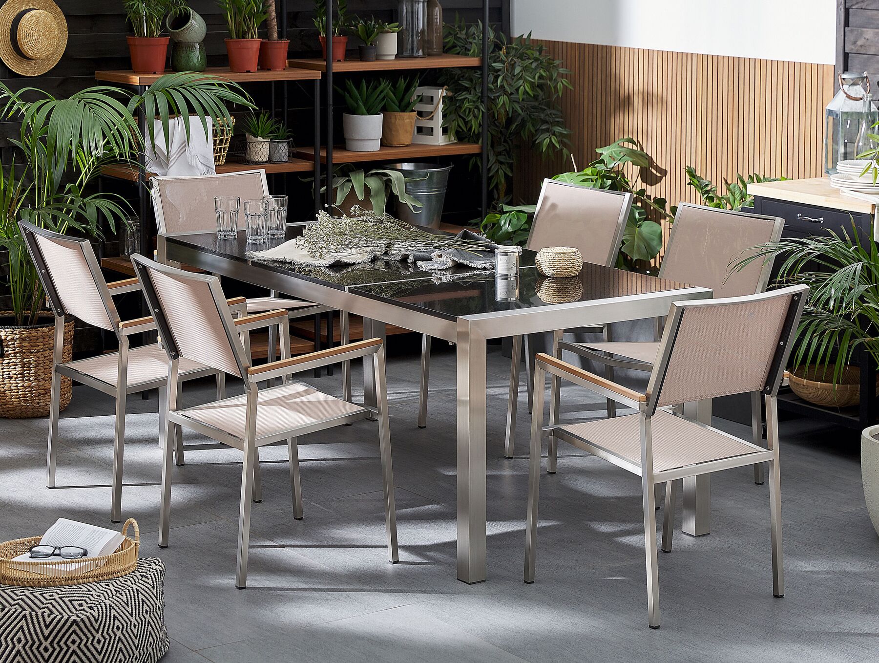Garden Dining Set 6 Seater GROSSETO Triple Plate Granite Polished Black/ Beige