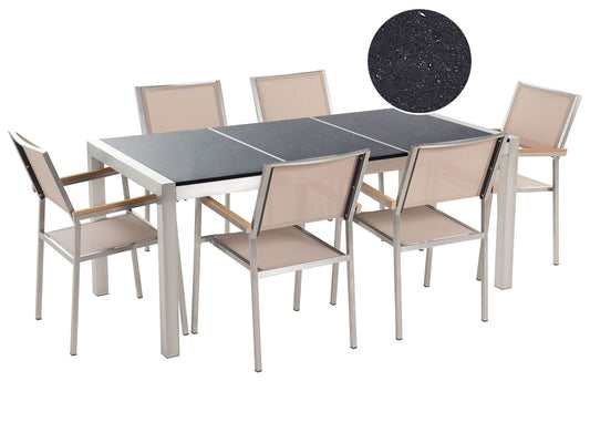 Garden Dining Set 6 Seater GROSSETO Triple Plate Granite Polished Black/ Beige