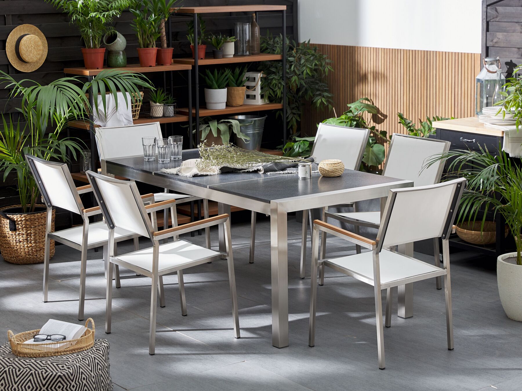 Garden Dining Set 6 Seater GROSSETO Triple Plate Basalt Flamed Black/ White