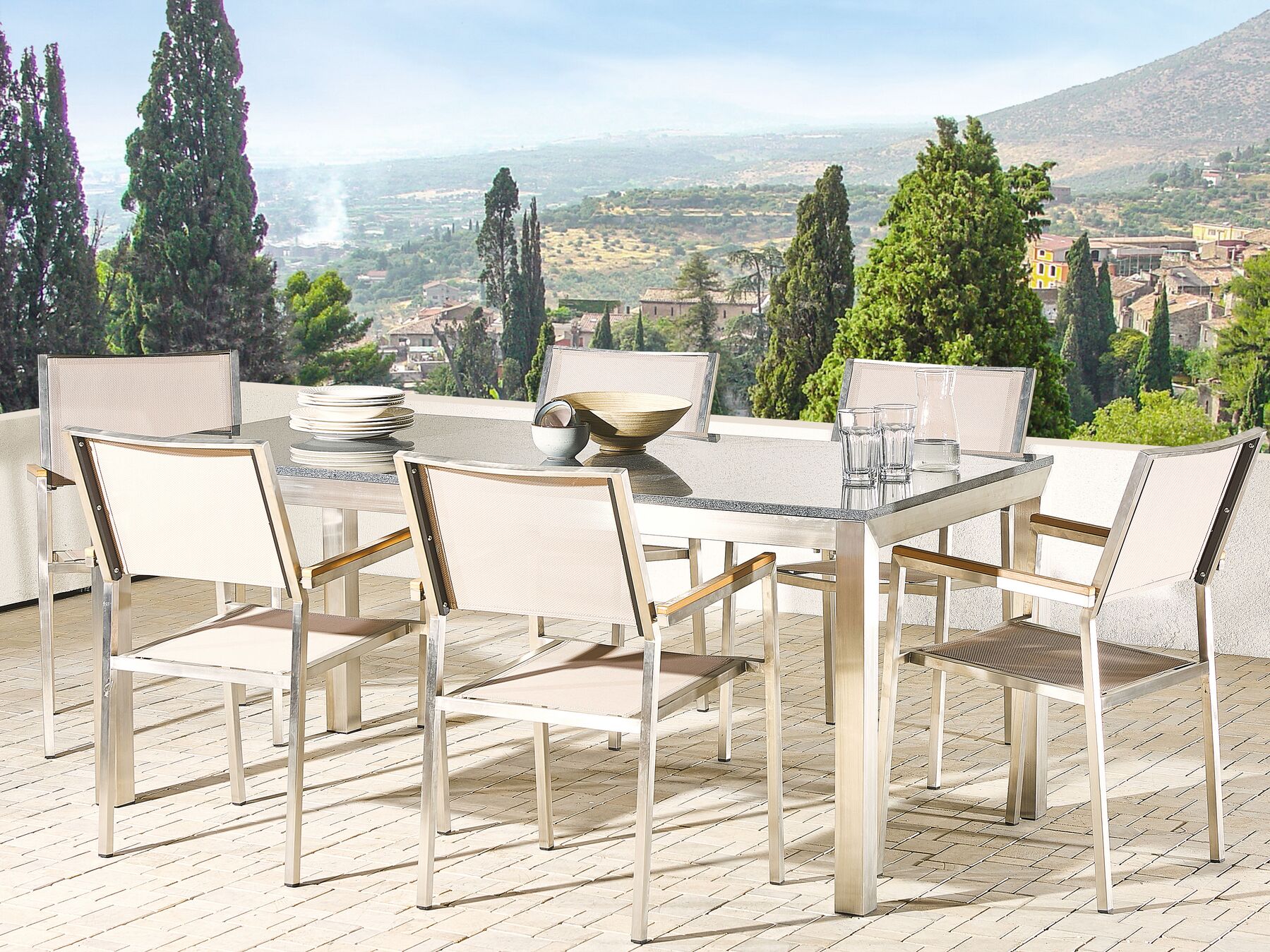 Garden Dining Set 6 Seater GROSSETO Granite Polished Grey/ Beige