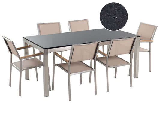 Garden Dining Set 6 Seater GROSSETO Granite Polished Black/ Beige