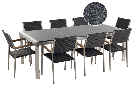 Garden Dining Set 8 Seater GROSSETO Triple Plate Granite Polished Grey/ Black