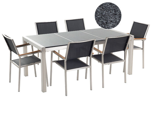 Garden Dining Set 6 Seater GROSSETO Triple Plate Granite Polished Black/ Grey