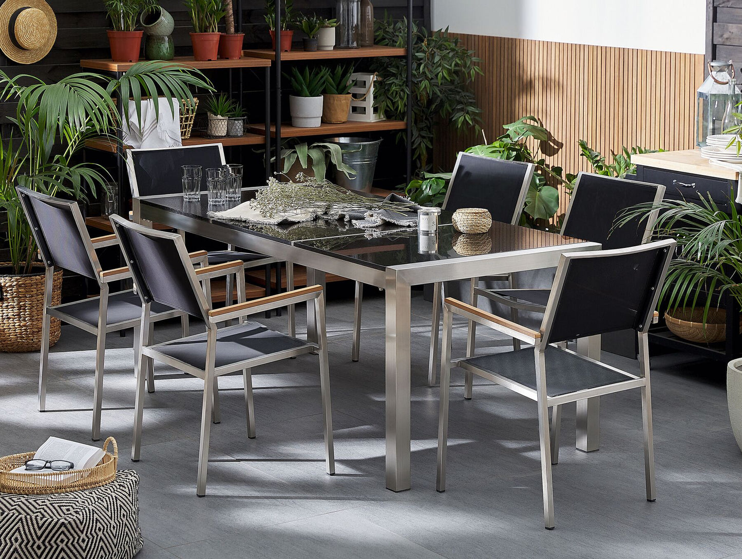 Garden Dining Set 6 Seater GROSSETO Triple Plate Granite Flamed Black