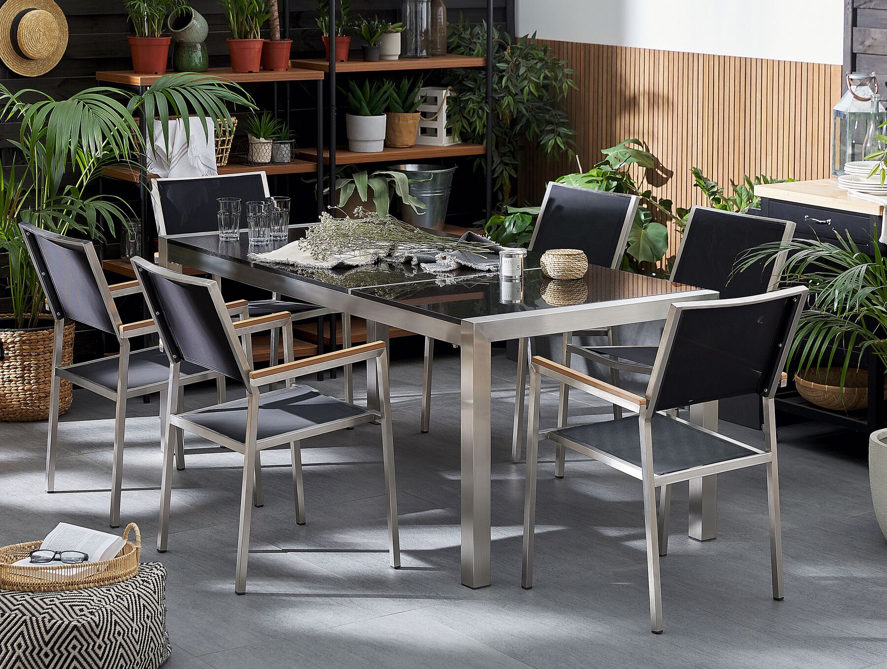 Garden Dining Set 6 Seater GROSSETO Triple Plate Granite Flamed Black