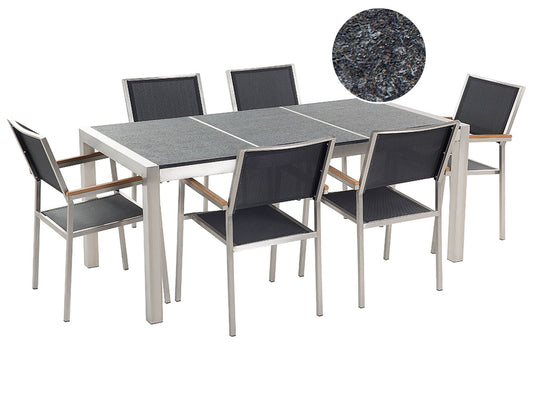 Garden Dining Set 6 Seater GROSSETO Triple Plate Granite Flamed Black