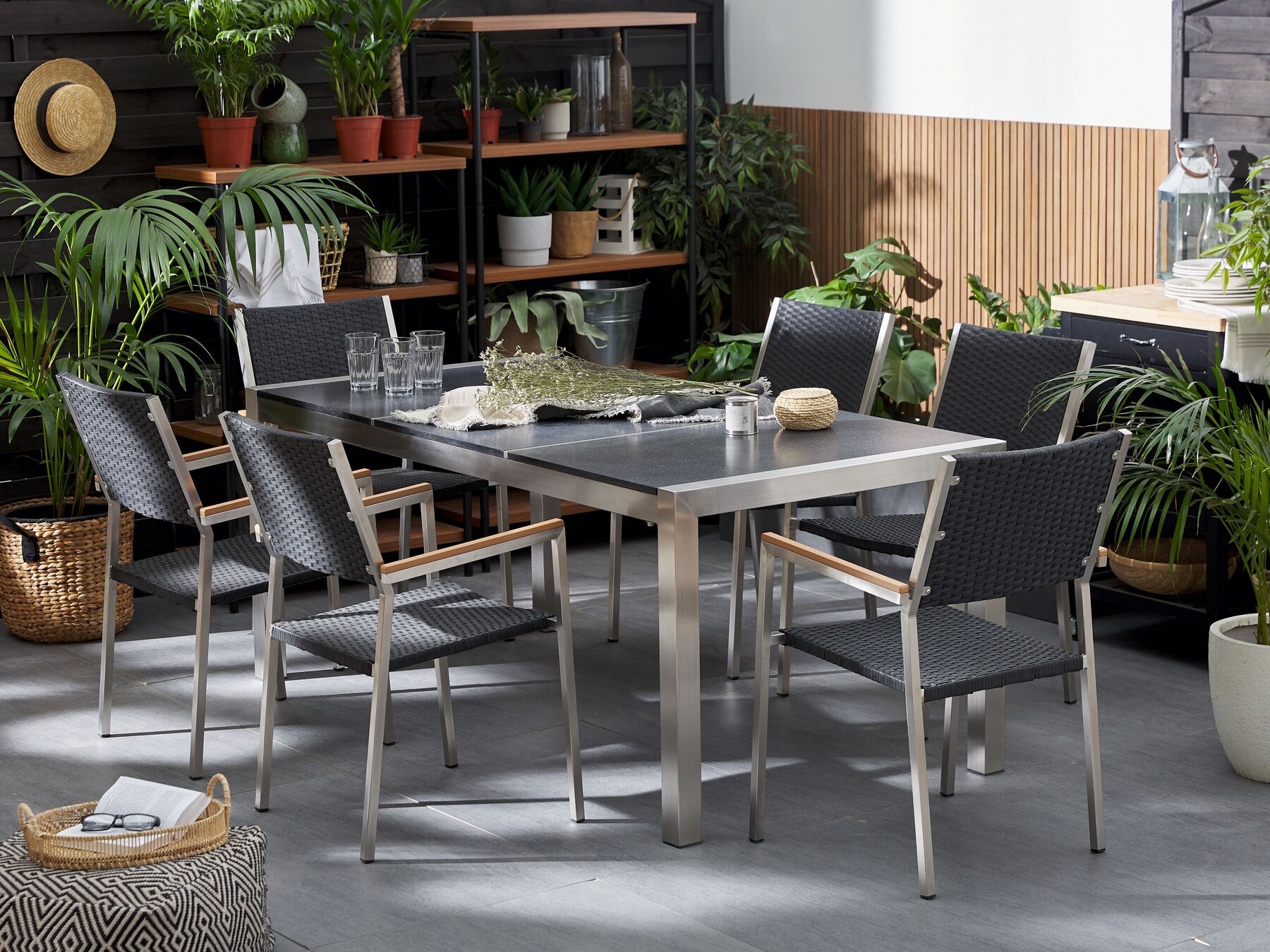 Garden Dining Set 6 Seater GROSSETO Triple Plate Basalt Flamed Black