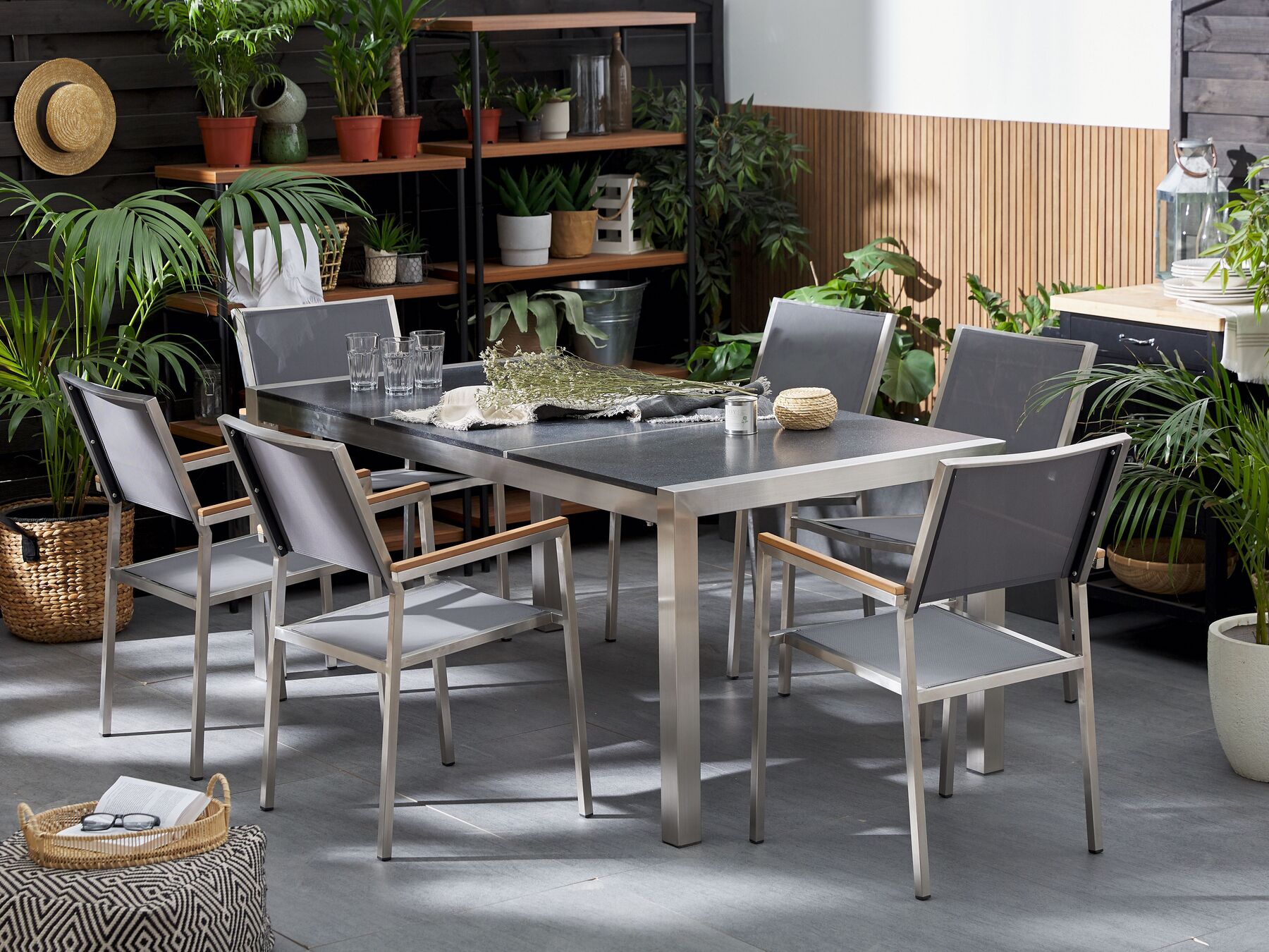 Garden Dining Set 6 Seater GROSSETO Triple Plate Basalt Flamed Black/ Grey