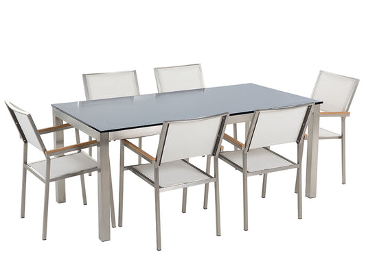 Garden Dining Set 6 Seater GROSSETO Tempered Glass Black/ White