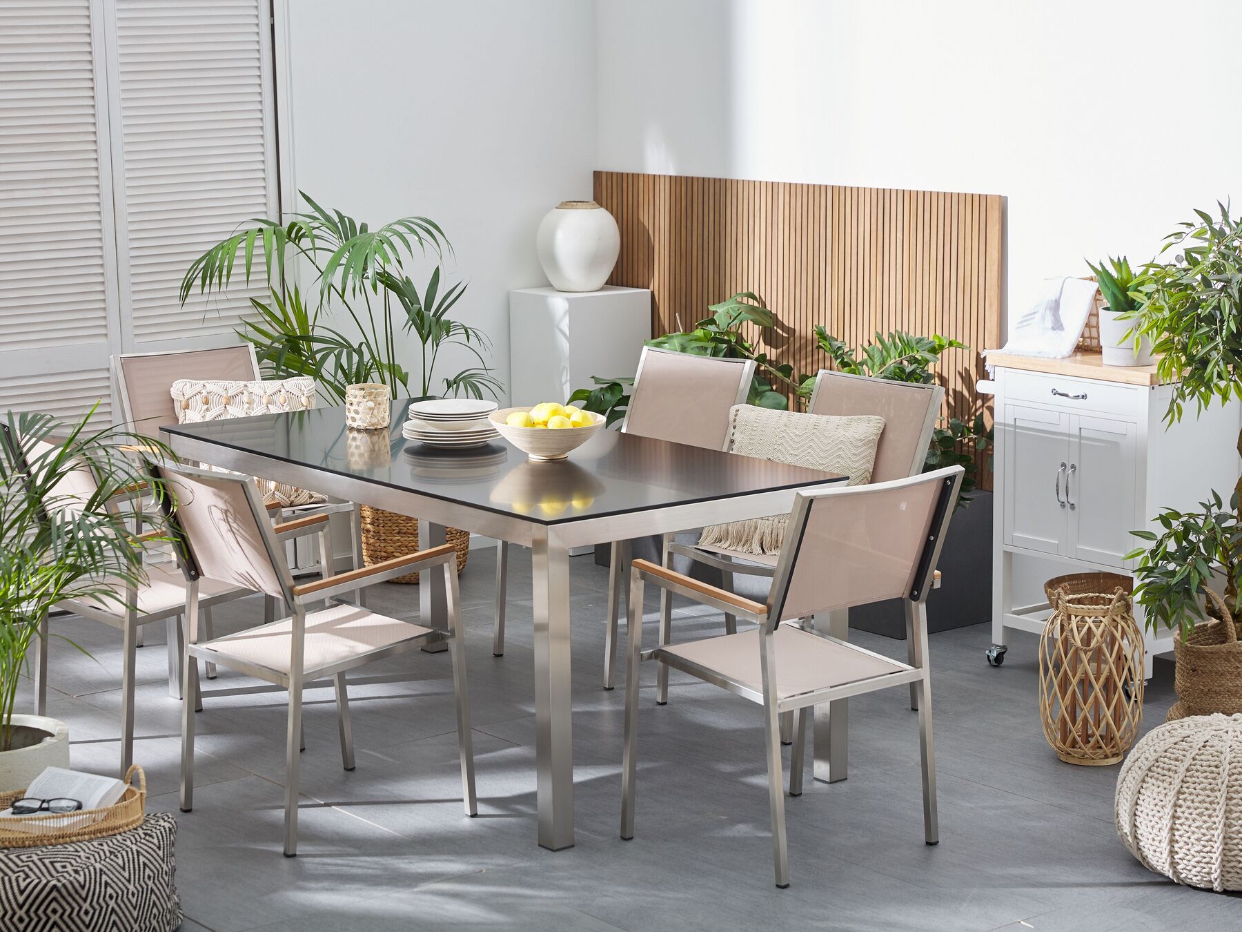 Garden Dining Set 6 Seater GROSSETO Tempered Glass Black/ Beige