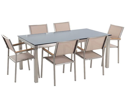 Garden Dining Set 6 Seater GROSSETO Tempered Glass Black/ Beige