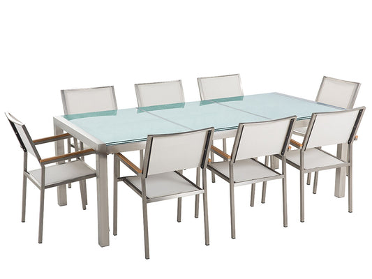 Garden Dining Set 8 Seater GROSSETO Cracked Glass Transparent/ White