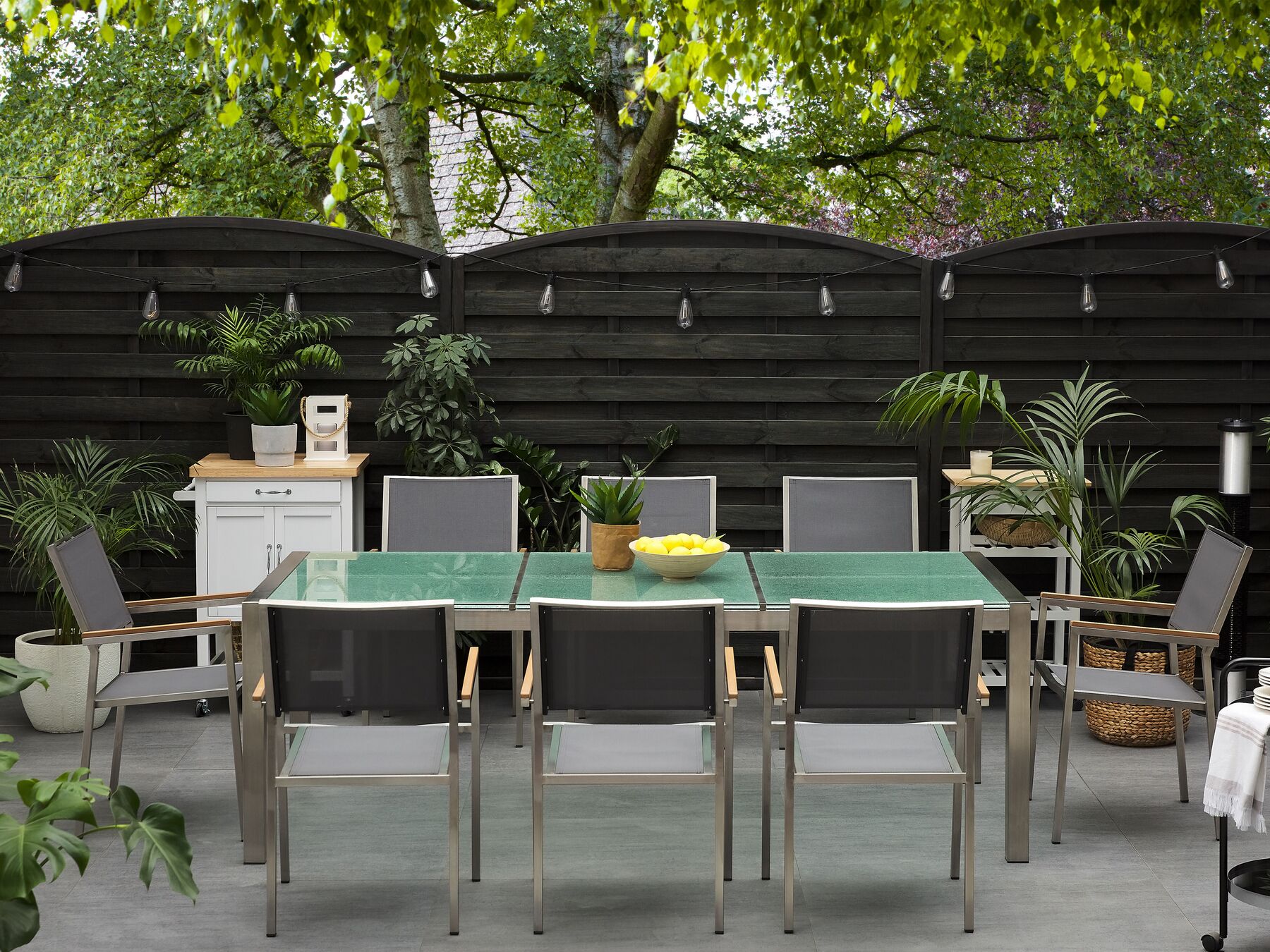 8 Seater Garden Dining Set Cracked Glass Top with Grey Chairs GROSSETO