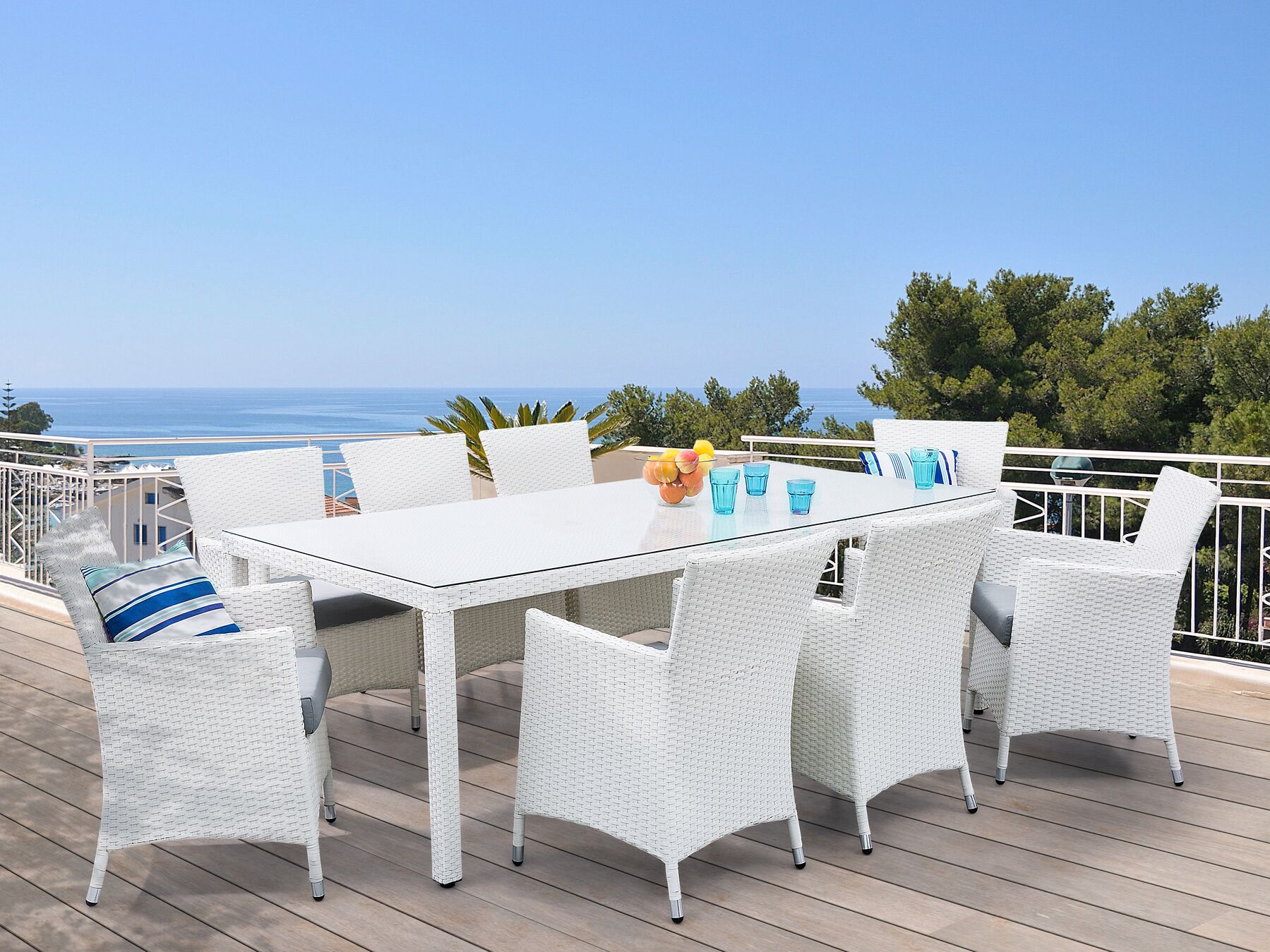 Garden Dining Set 8 Seater ITALY with Cushions PE Rattan White