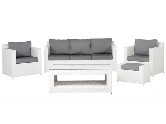 Garden Lounge Set with Table and Ottoman 6 Seater ROMA PE Rattan White