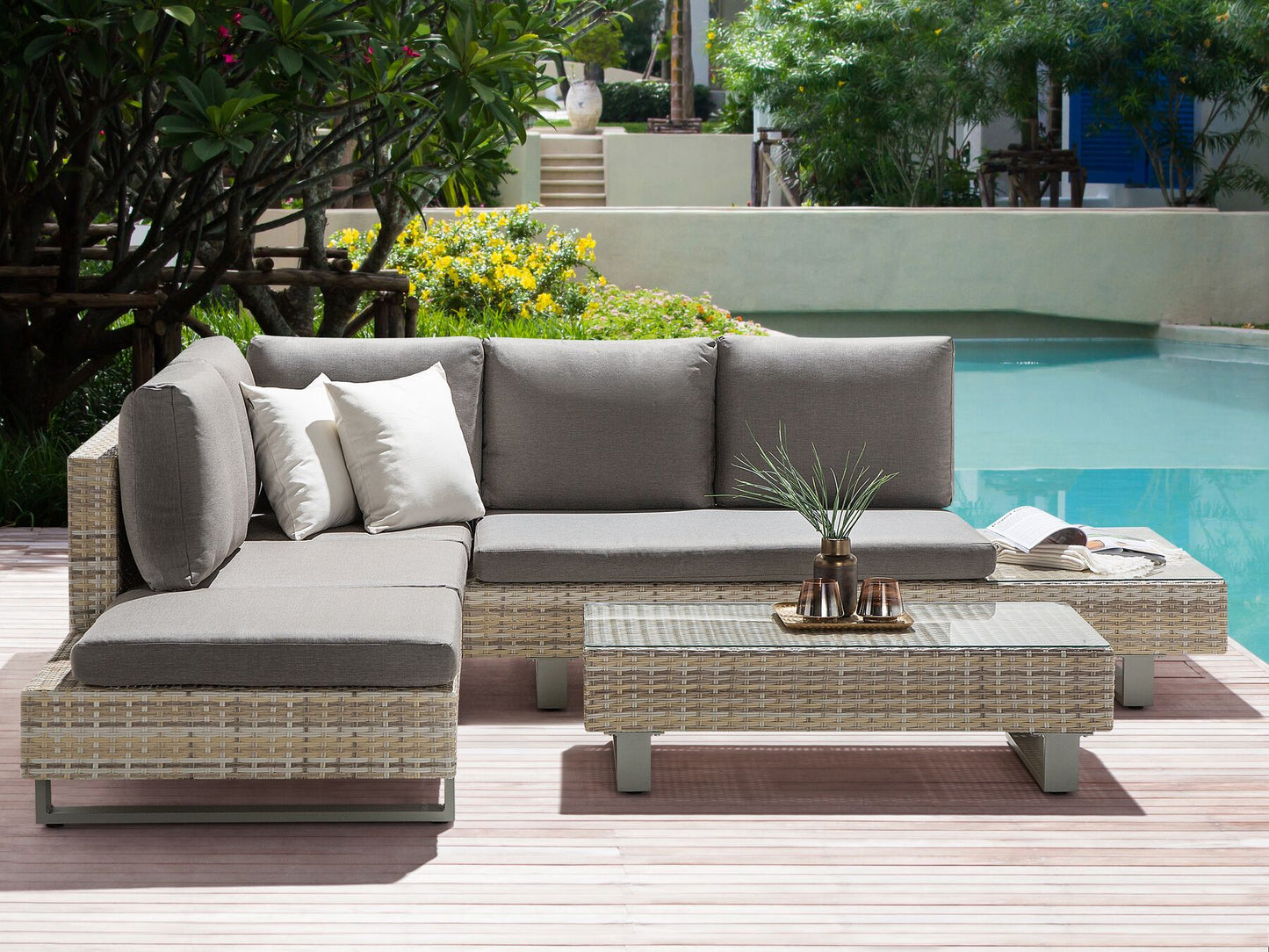 Garden Corner Sofa with Table 5 Seater Right Hand Rattan Grey