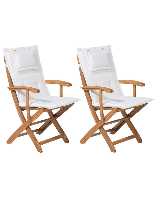 Set of 2 Garden Chairs with Cushions MAUI Acacia Wood Off-White