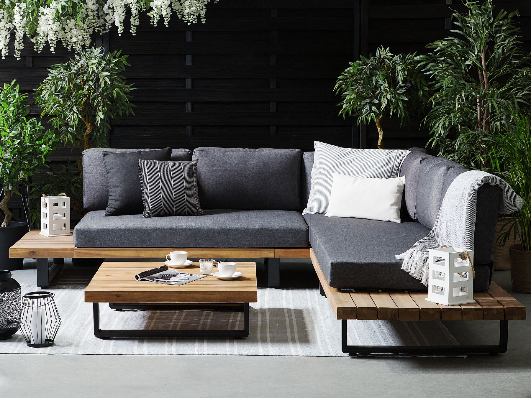 Garden Corner Sofa with Table 5 Seater MYKONOS Right Hand Certified Acacia Wood Dark Grey