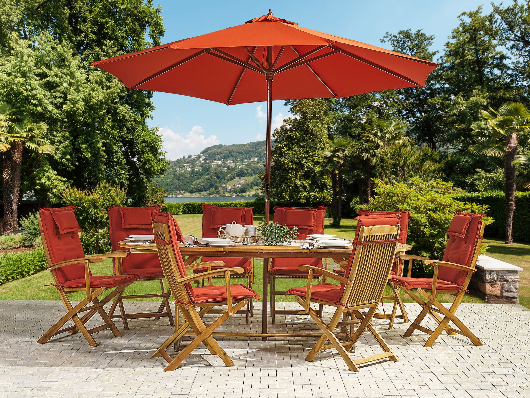 Garden Dining Set 8 Seater MAUI with Parasol Acacia Wood Dark Red