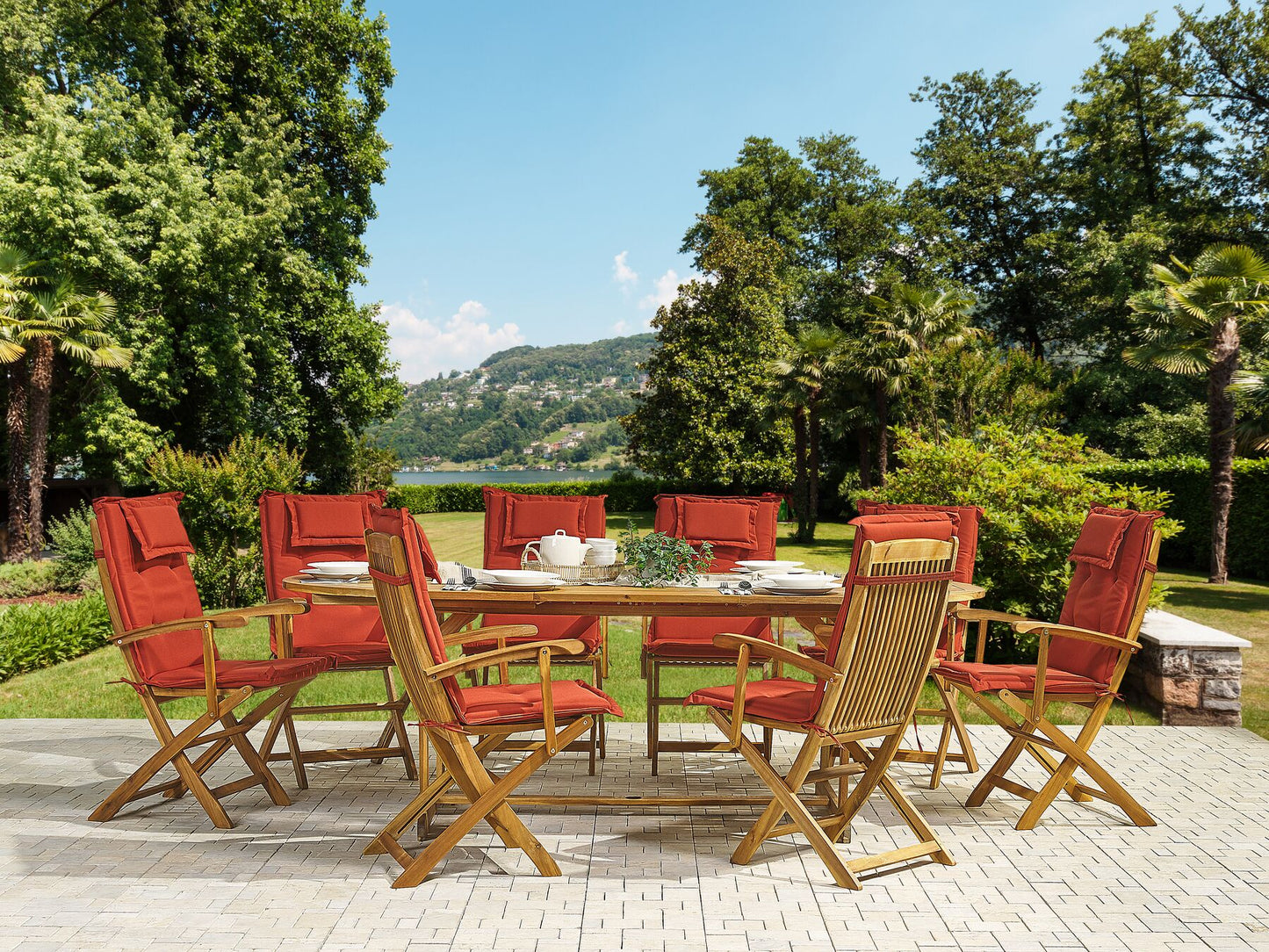 Garden Dining Set 8 Seater MAUI with Cushions Acacia Wood Dark Red