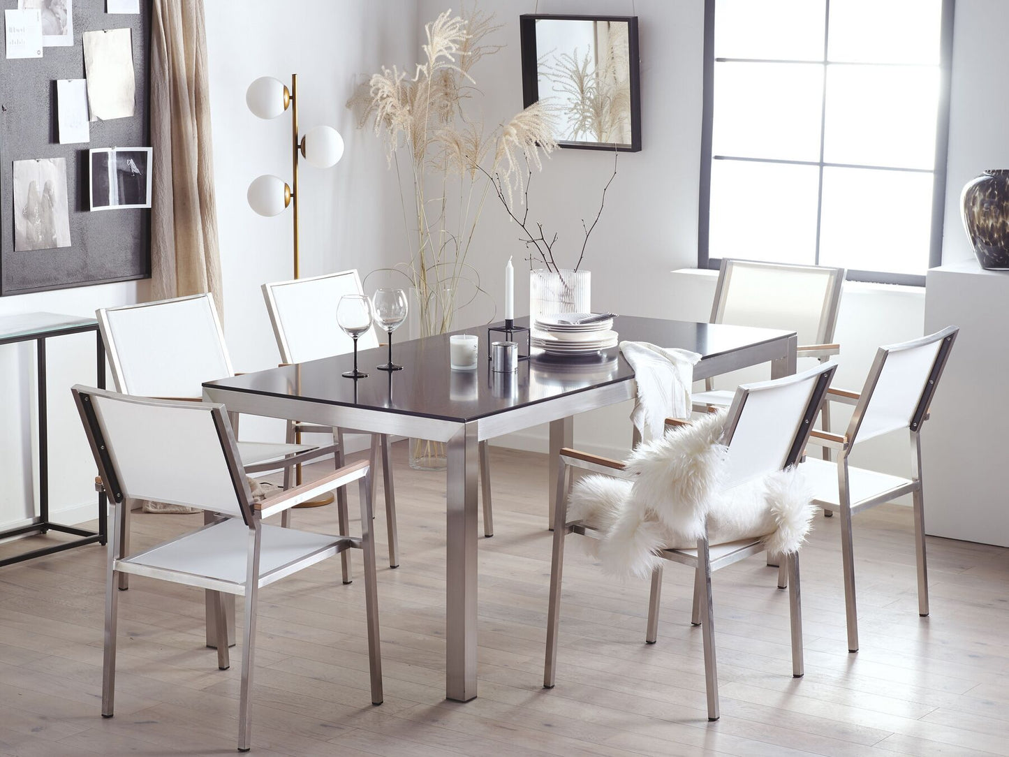Garden Dining Set 6 Seater GROSSETO Tempered Glass Black/ White