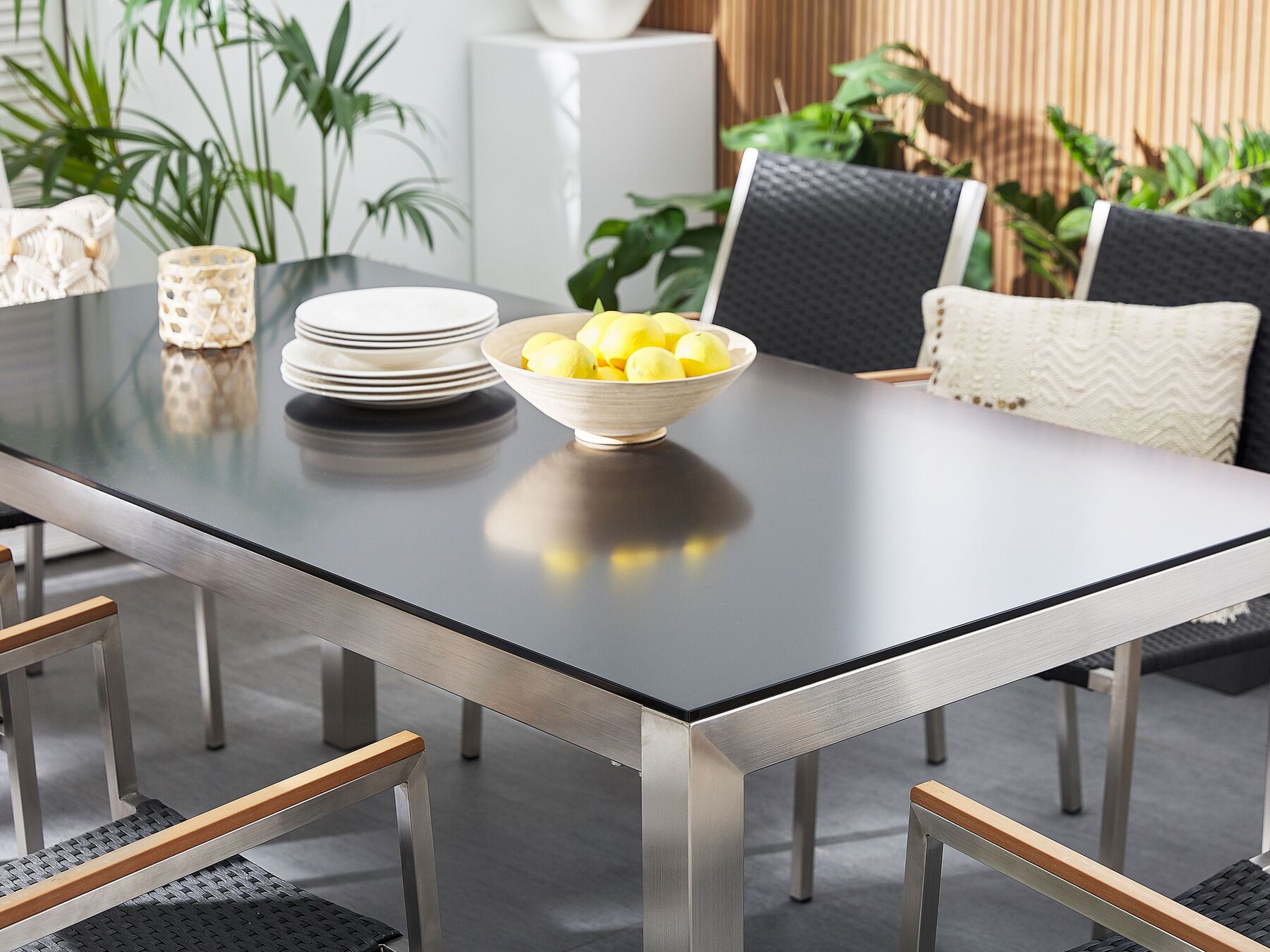 Garden Dining Set 6 Seater GROSSETO Tempered Glass Black/ White